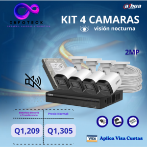 Kit de 4 Cámaras 2MP HD DAHUA Sin Audio Visión Nocturna