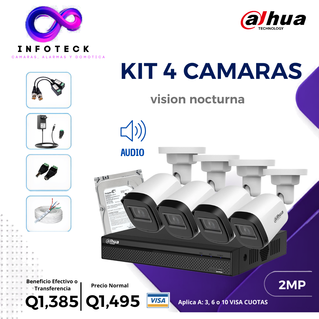 Kit de 4 Cámaras 2MP HD DAHUA Con Audio Visión Nocturna