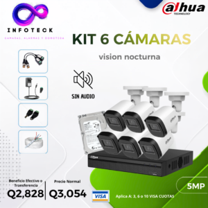 Kit de 6 Cámaras 5MP FULL HD DAHUA Sin Audio Visión Nocturna