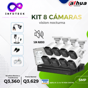 Kit de 8 Cámaras 5MP FULL HD DAHUA Sin Audio Visión Nocturna