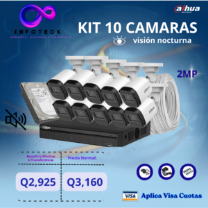 Kit de 10 Cámaras 2MP HD DAHUA Sin Audio Visión Nocturna