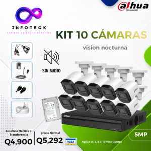 Kit de 10 Cámaras 5MP FULL HD DAHUA Visión Nocturna Sin Audio