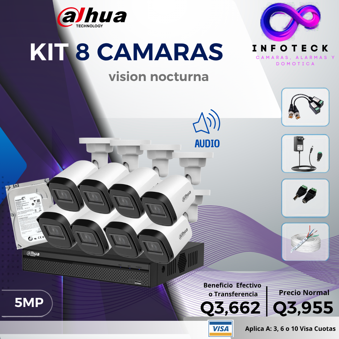 Kit de 8 Cámaras 5MP FULL HD DAHUA Con Audio Visión Nocturna