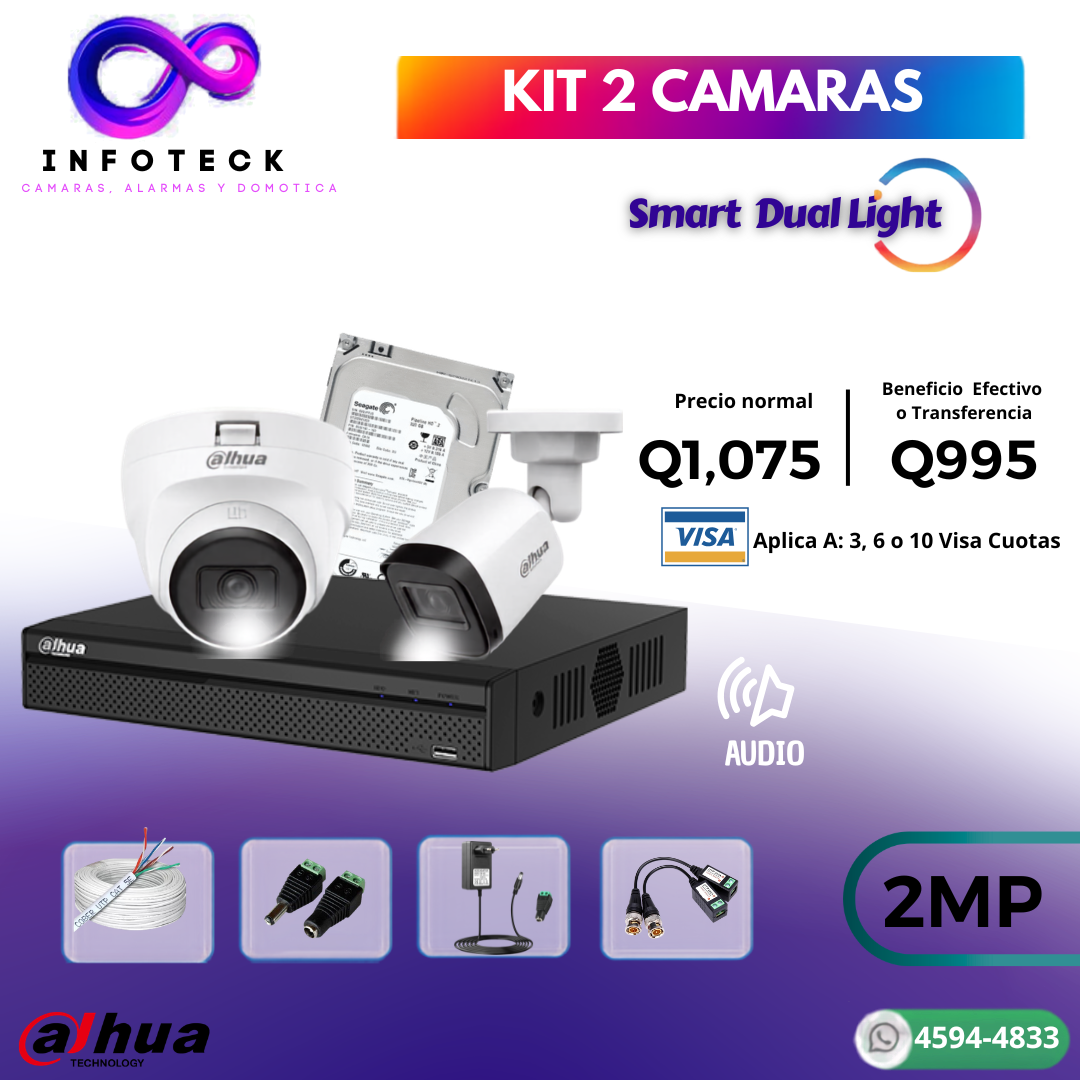Kit de 2 Cámaras 2MP HD DAHUA Con Audio Smart Dual Light