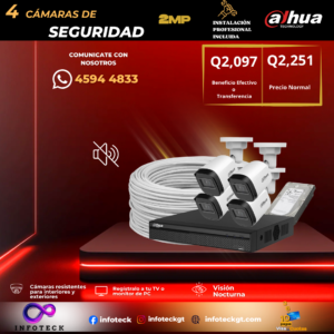 Kit de 4 Cámaras 2MP HD DAHUA Sin Audio Visión Nocturna + Instalación