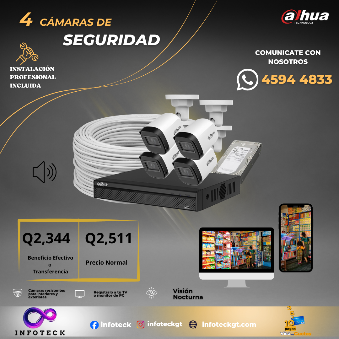 Kit de 4 Cámaras 2MP HD DAHUA Con Audio Visión Nocturna + instalación