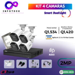 Kit de 4 Cámaras 2MP HD DAHUA Con Audio Smart Dual light