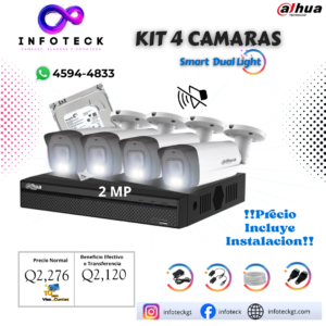 Kit de 4 Cámaras 2MP HD DAHUA Sin Audio Smart Dual Light + Instalación