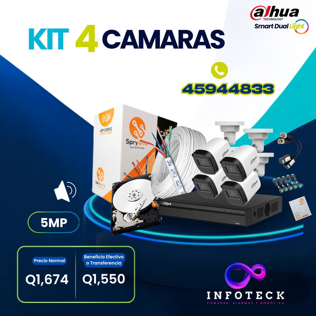 Kit de 4 Cámaras 5MP HD DAHUA Con Audio Smart Dual light