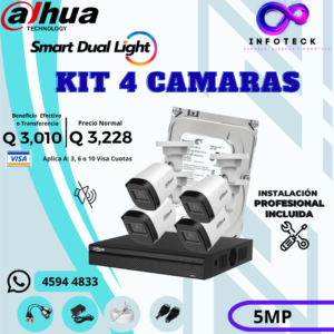 Kit de 4 Cámaras 5MP HD DAHUA Sin Audio Smart Dual Light + Instalación