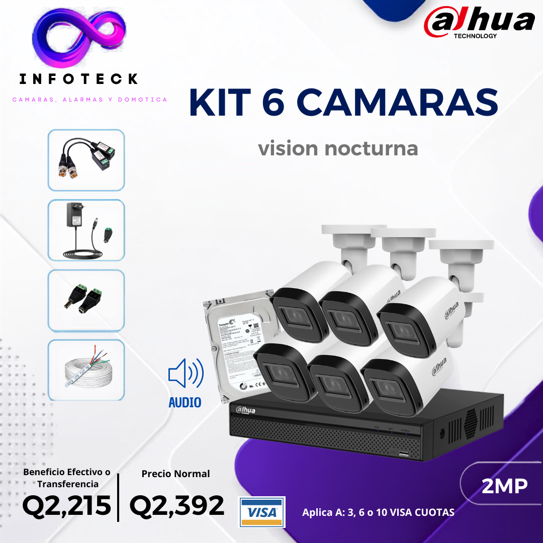 Kit de 6 Cámaras 2MP HD DAHUA Con Audio Visión Nocturna