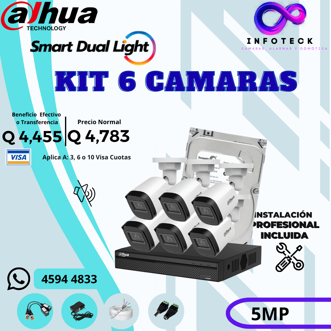 Kit de 6 Cámaras 5MP HD DAHUA Sin Audio Smart Dual Light + Instalación