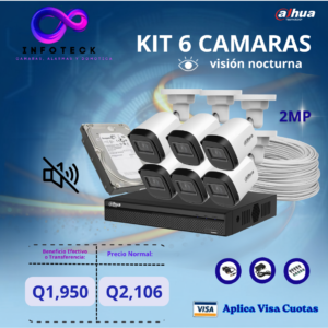 Kit de 6 Cámaras 2MP HD DAHUA Sin Audio Visión Nocturna