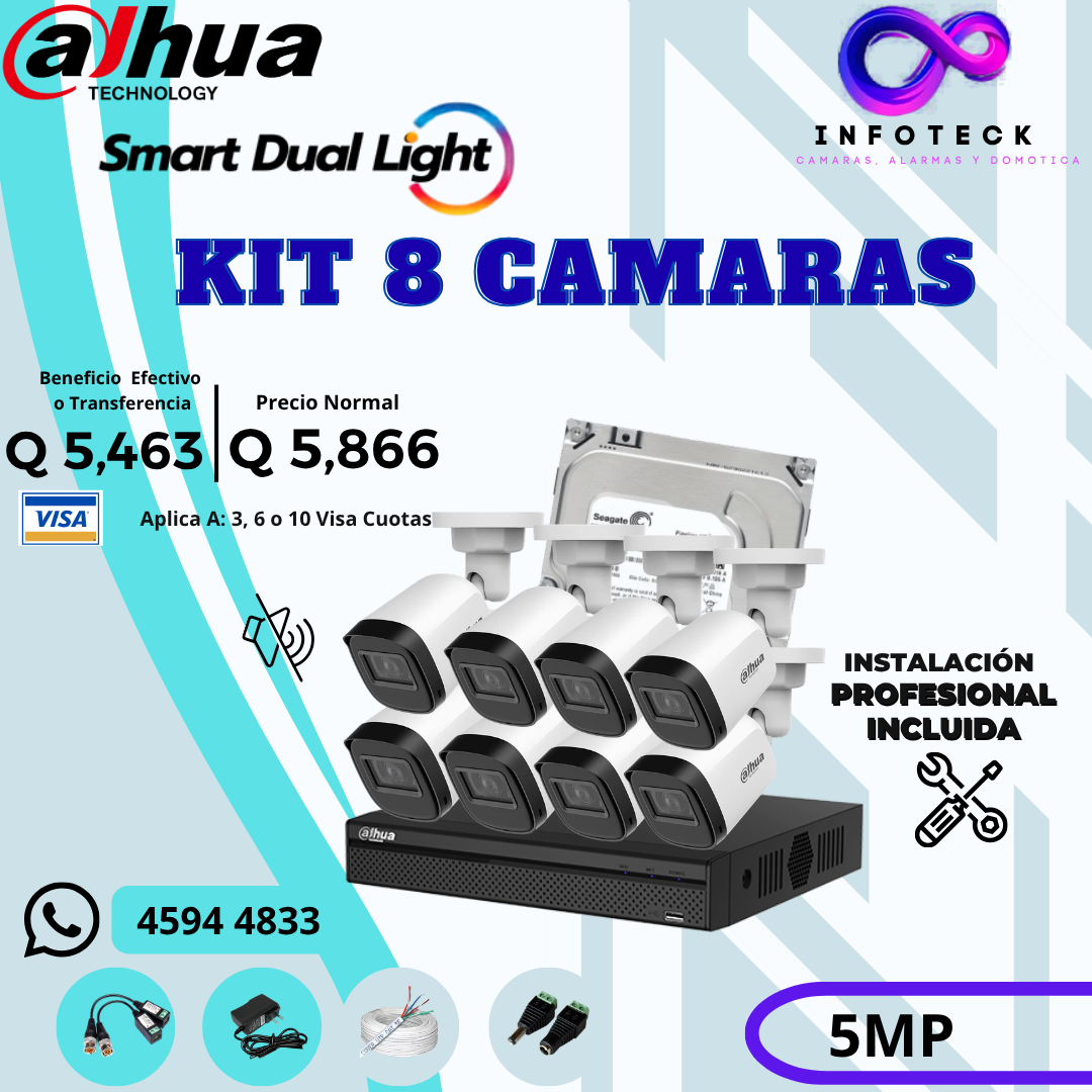 Kit de 8 Cámaras 5MP HD DAHUA Sin Audio Smart Dual Light + Instalación