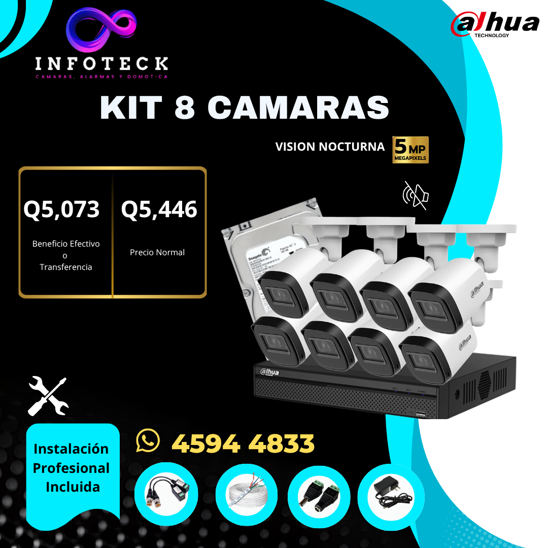 Kit de 8 Cámaras 5MP FULL HD DAHUA Sin Audio Visión Nocturna + Instalación