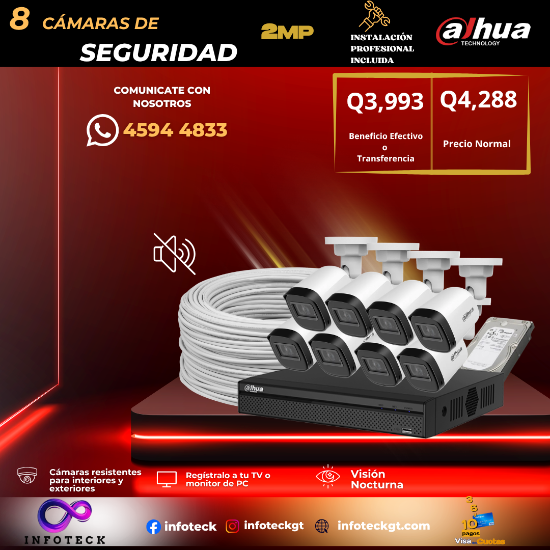 Kit de 8 Cámaras 2MP HD DAHUA Sin Audio Visión Nocturna + Instalación