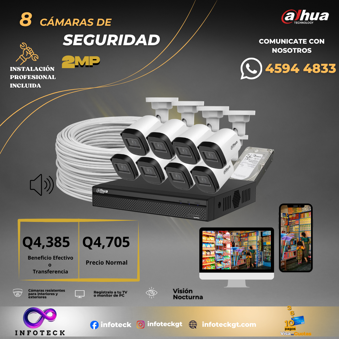 Kit de 8 Cámaras 2MP HD DAHUA Con Audio Visión Nocturna + Instalación