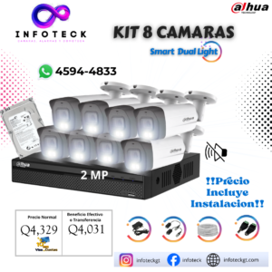 Kit de 8 Cámaras 2MP HD DAHUA Sin Audio Smart Dual Light + Instalación