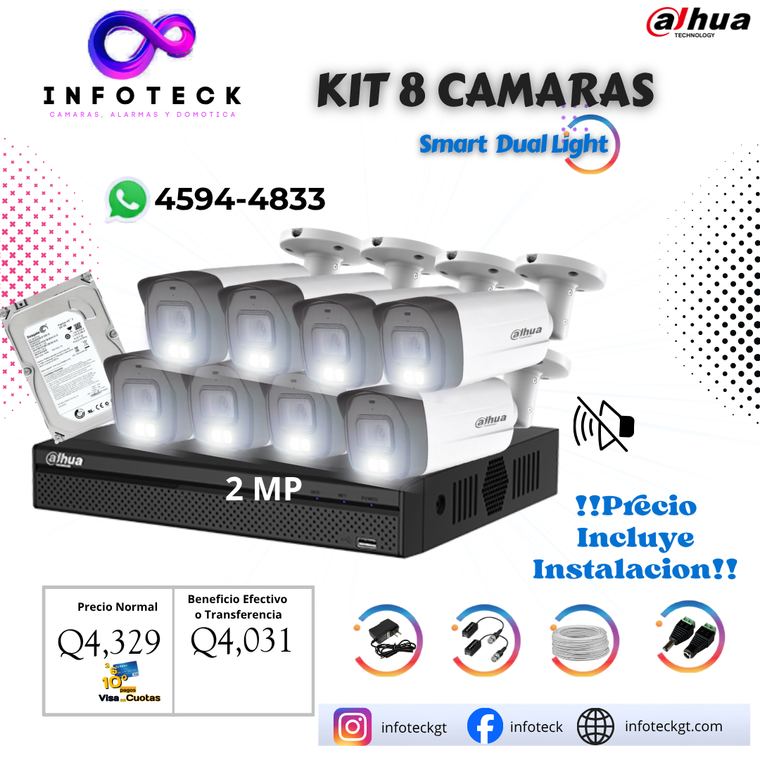 Kit de 8 Cámaras 2MP HD DAHUA Sin Audio Smart Dual Light + Instalación