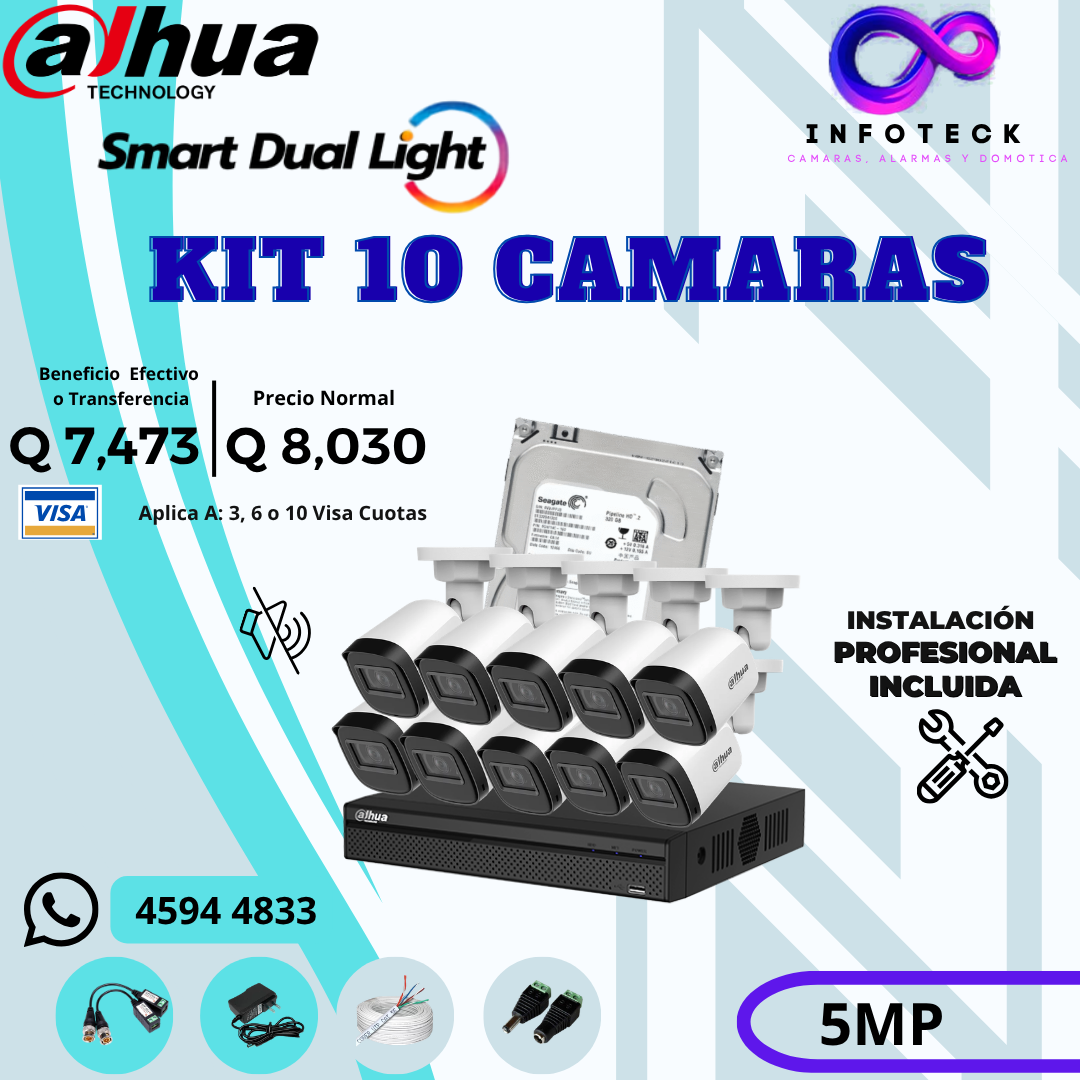 Kit de 10 Cámaras 5MP HD DAHUA Sin Audio Smart Dual Light + Instalación