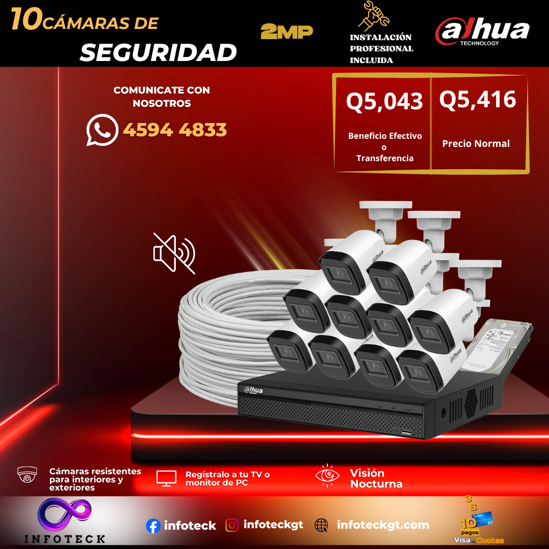 Kit de 10 Cámaras 2MP HD DAHUA Sin Audio Visión Nocturna + Instalación