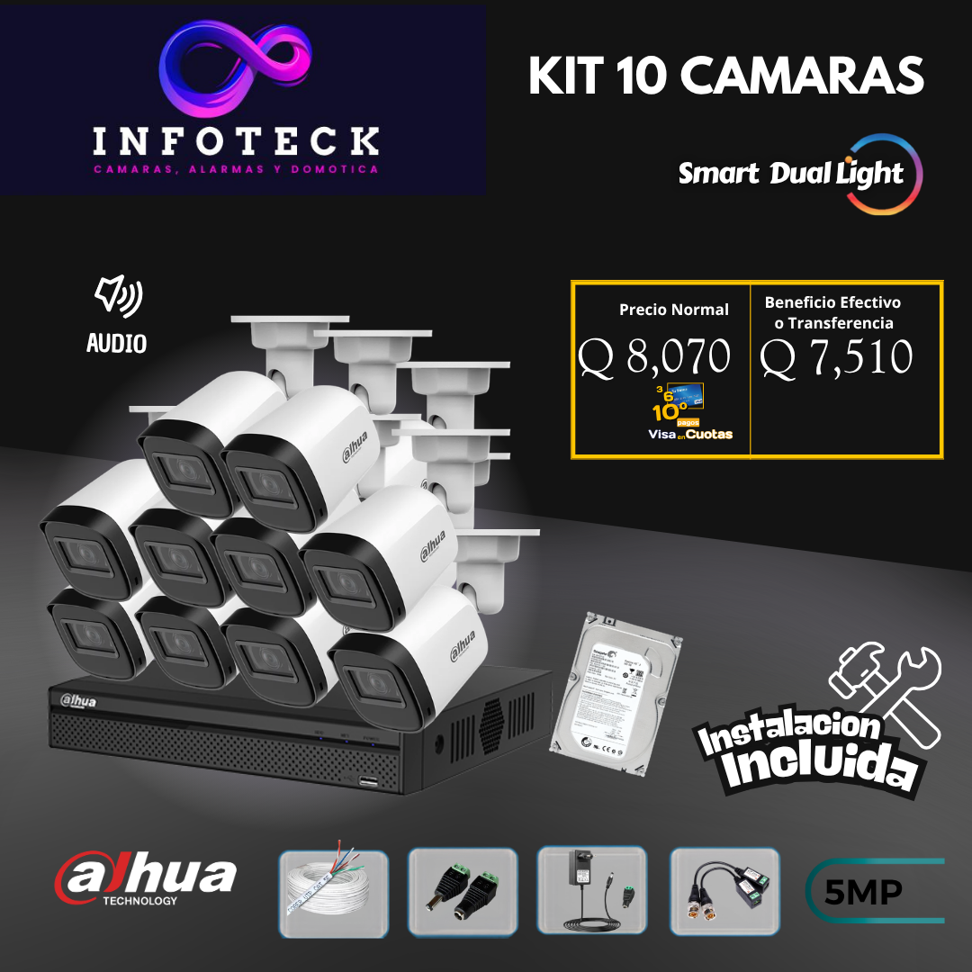 Kit de 10 Cámaras 5MP HD DAHUA Con Audio Smart Dual Light + Instalación
