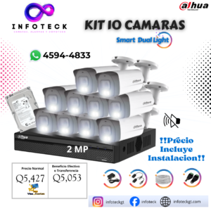 Kit de 10 Cámaras 2MP HD DAHUA Sin Audio Smart Dual Light + Instalación