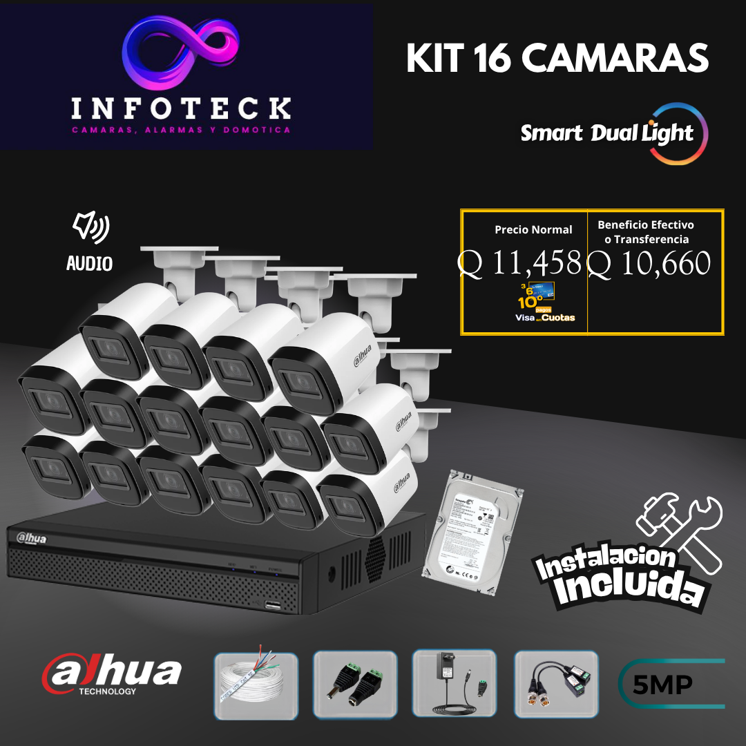 Kit de 16 Cámaras 5MP HD DAHUA Con Audio Smart Dual Light + Instalación