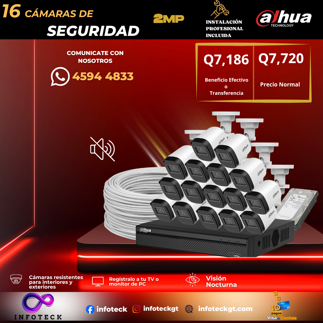 Kit de 16 Cámaras 2MP HD DAHUA Sin Audio Visión Nocturna + Instalación