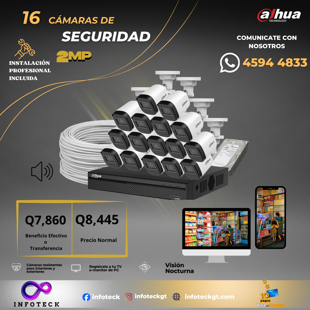 Kit de 16 Cámaras 2MP HD DAHUA Con Audio Visión Nocturna + Instalación
