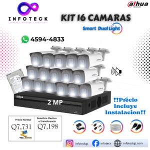 Kit de 16 Cámaras 2MP HD DAHUA Sin Audio Smart Dual Light + Instalación